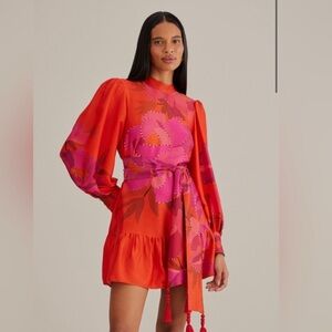 Farm Rio Red Peony Long Sleeve Mini Dress MEDIUM (no belt)